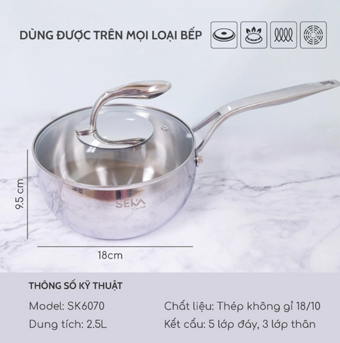 Quánh inox 5 đáy Seka SK6070 có nắp 18cm - Nồi đun bếp từ, thép không gỉ 304, chất lượng cao, thiết kế tiện dụng, nấu ăn dễ dàng