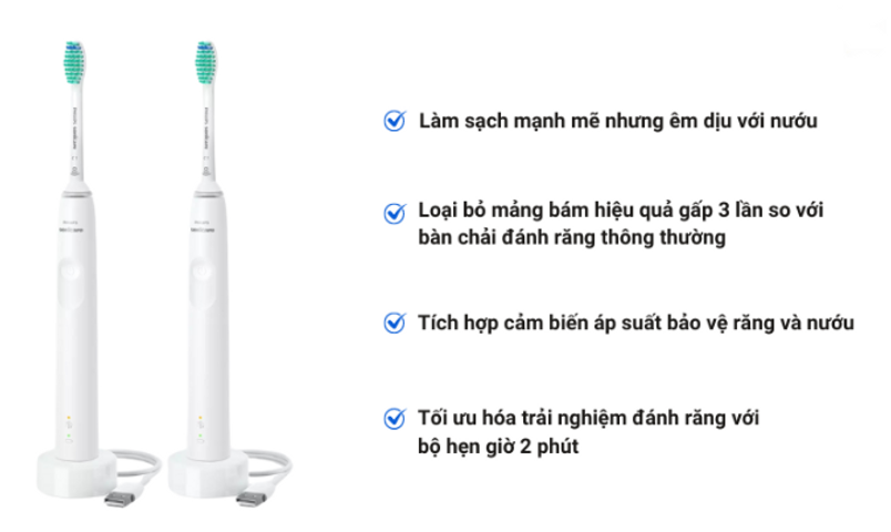 Bộ 2 Bàn Chải Đánh Răng Điện Philips HX3675/13 Series 3100 Màu Trắng - Công Nghệ Tiên Tiến, Làm Sạch Nhẹ Nhàng, Cảm Biến Áp Lực
