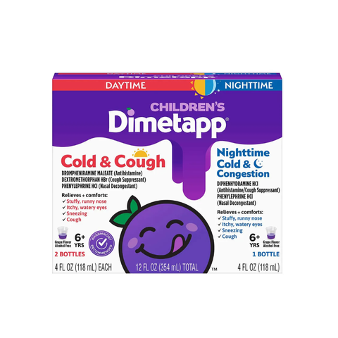 Siro Giảm Ho Cảm Cúm Cho Trẻ Em Dimetapp Day & Night 118ml - Tạo Hương Vị Nho Dễ Uống, 3 Chai Hỗ Trợ Giảm Nghẹt Mũi