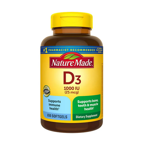 Viên uống bổ sung Vitamin D3 Nature Made D3 1000 IU - 650 viên hỗ trợ xương chắc khỏe, không gluten, an toàn cho người lớn tuổi