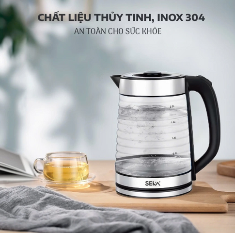 Ấm Thủy Tinh Đun Nước Siêu Tốc Seka SK2829T Có Đèn LED 2.2L, Tự Ngắt Khi Sôi, Xoay 360 Độ, Tiết Kiệm Điện, Dung Tích Lớn, Tiện Dụng Cho Gia Đình