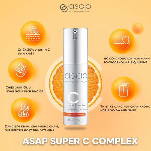 Tinh chất dưỡng sáng da Asap Super C Complex 30ml - Hỗ trợ mờ thâm, phục hồi da, 20% Vitamin C, cải thiện màu da, tăng collagen tự nhiên