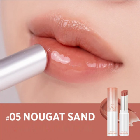 Son dưỡng Romand Glasting Melting Balm 05 Nougat Sand - Chất son tan chảy, độ bóng tự nhiên, phù hợp mọi tông da, giữ ẩm mịn màng.