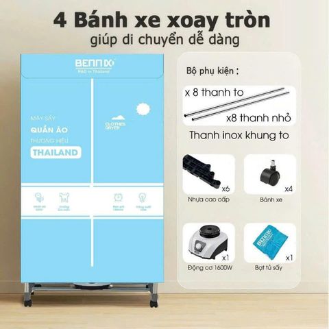 Tủ Sấy Quần Áo Bennix BN-223TS 1600W – Thiết Kế 2 Tầng, Hẹn Giờ Tối Đa 180 Phút, Nhiệt Độ 70 Độ C, Di Động Tiện Lợi