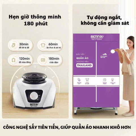 Tủ Sấy Quần Áo Bennix BN-223TS 1600W – Thiết Kế 2 Tầng, Hẹn Giờ Tối Đa 180 Phút, Nhiệt Độ 70 Độ C, Di Động Tiện Lợi