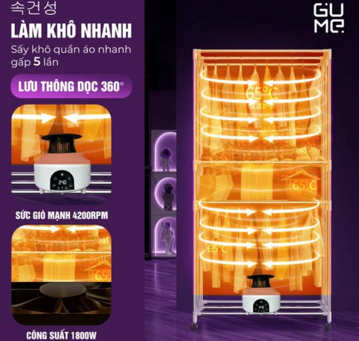 Tủ Sấy Quần Áo Gấp Gọn Gume GM-8222 - 1800W, Điều Khiển Từ Xa, Thiết Kế Di Động, Tiết Kiệm Điện - Dành Cho Gia Đình