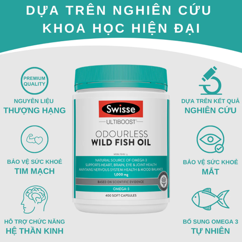 Viên uống dầu cá Swisse Ultiboost 1000mg Không Mùi - Hỗ Trợ Tim Mạch, Não Bộ và Xương Khớp, Bổ Sung Omega-3 Từ Cá Tự Nhiên
