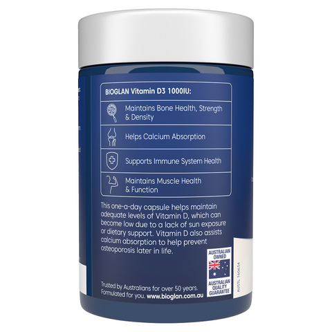 Viên uống Bioglan Vitamin D3 1000IU - Hỗ trợ sức khỏe xương khớp và tăng cường miễn dịch cho người lớn và trẻ em trên 12 tuổi
