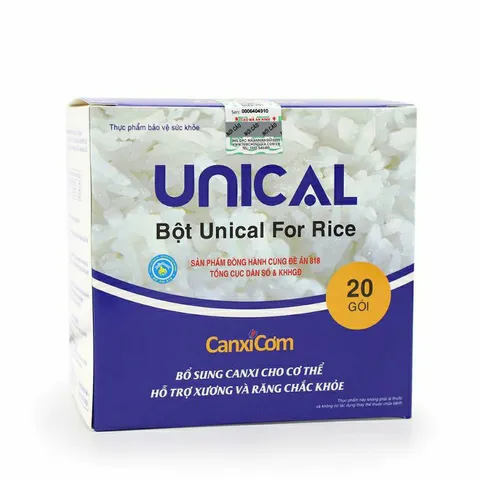 Bột canxi cơm Unical For Rice - Hỗ trợ chắc khỏe xương cho trẻ em và người lớn - Hộp 20 gói bổ sung canxi tự nhiên