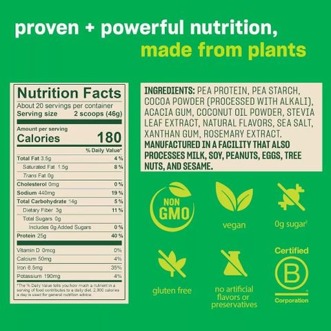 Bột Protein Thực Vật Vega Original - Hữu Cơ, Không Đường, Giàu Đạm, Hỗ Trợ Sức Khỏe, Hộp 920g Vị Chocolate & Vani