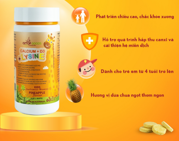 Kẹo Tăng Chiều Cao Oztop Goods Úc - Kẹo Calcium + D3 + Lysine Cho Trẻ Em, Hương Vị Ngon, Dễ Sử Dụng Hàng Ngày