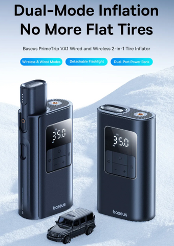 Máy Bơm Lốp Ô Tô 2in1 Baseus PrimeTrip VA1 Không Dây và Có Dây - Thiết Bị Đa Năng, Bơm Nhanh và Sạc Pin USB
