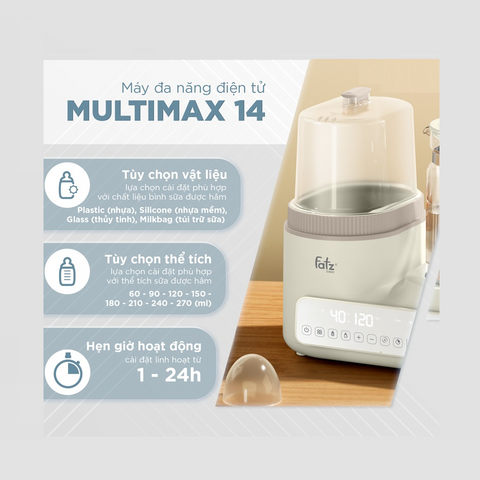 Máy Đa Năng Điện Tử Hâm Sữa Fatzbaby Multimax 14 FB9209TN - Đun Nước Pha Sữa, Tiệt Trùng, Sấy Khô, Chức Năng Hẹn Giờ