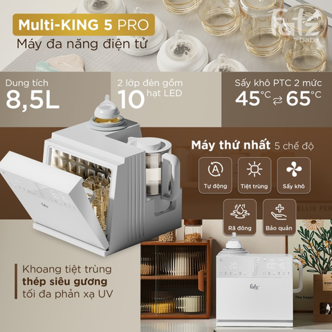 Máy Sấy Tiệt Trùng Fatzbaby Multi-King 5 Pro FB9288BT - Thiết Bị Đa Chức Năng Lắc Sữa, Đun Nước Hâm Nóng Cho Bé
