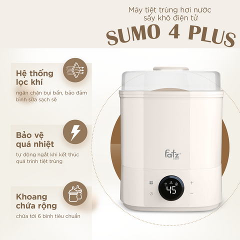 Máy Tiệt Trùng Sấy Khô Fatzbaby Sumo 4 Plus FB4922BK - Dung Tích Lớn 6 Bình Sữa, Chức Năng Bảo Quản Vô Trùng 8 Giờ