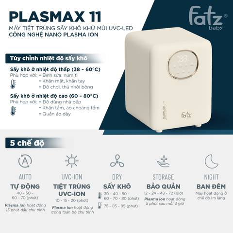 Máy Tiệt Trùng Sấy Khô Khử Mùi UVC-LED Nano Plasma Ion Fatzbaby Plasmax 11 FB4820ZH - Dung Tích 20L, Tiệt Trùng Tối Ưu 16 Bình Sữa