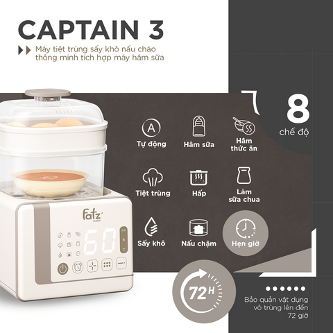Máy Tiệt Trùng Sấy Khô Nấu Cháo và Hâm Sữa Fatzbaby Captain 3 FB4326SL - Thiết Bị Đa Năng An Toàn Cho Bé