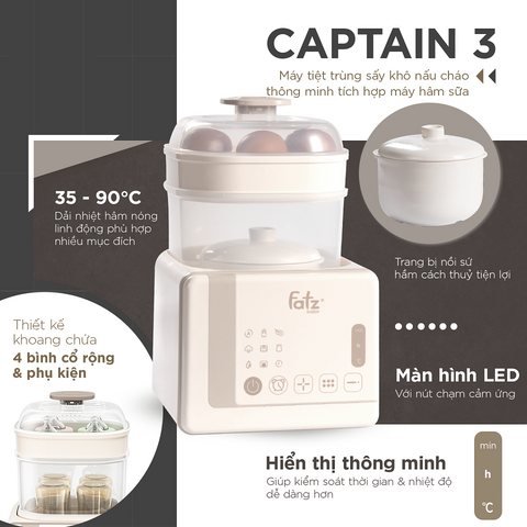 Máy Tiệt Trùng Sấy Khô Nấu Cháo và Hâm Sữa Fatzbaby Captain 3 FB4326SL - Thiết Bị Đa Năng An Toàn Cho Bé