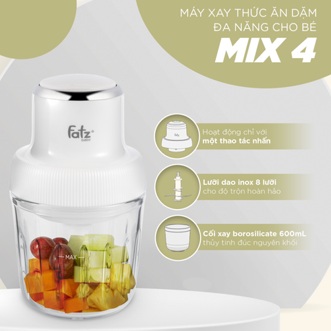 Máy xay thức ăn dặm đa năng Fatzbaby Mix 4 FB5021KB - Xay nhuyễn thực phẩm, dung tích 600ml, 8 lưỡi dao inox sắc bén cho bé an toàn
