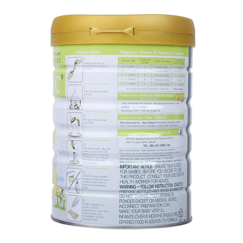 Sữa bột Purelac 1 cho bé từ 0-6 tháng tuổi - Dinh dưỡng đầy đủ, phát triển toàn diện, sản xuất tại New Zealand, hộp 800g.