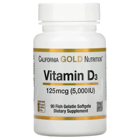 Viên bổ sung Vitamin D3 125mg (5000 IU) California Gold Nutrition - Hỗ trợ sức khỏe xương và miễn dịch, 90 viên mỗi lọ