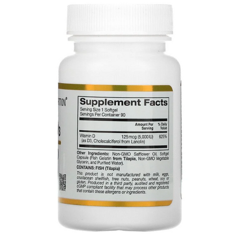 Viên bổ sung Vitamin D3 125mg (5000 IU) California Gold Nutrition - Hỗ trợ sức khỏe xương và miễn dịch, 90 viên mỗi lọ
