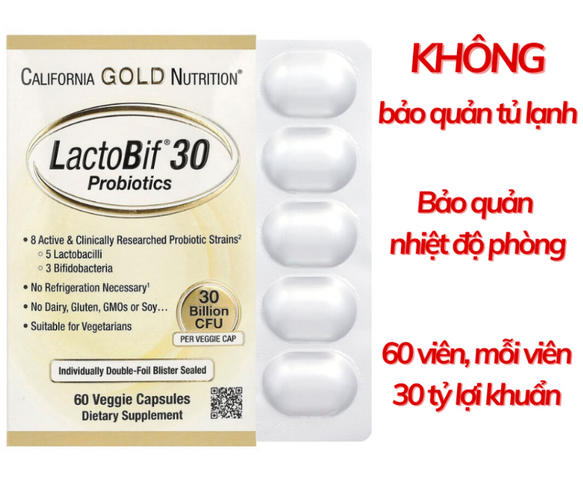 Viên men vi sinh Lactobif 30 Probiotics California Gold Nutrition - Hỗ trợ tiêu hóa & tăng cường miễn dịch, Vỉ 60 viên Mỹ