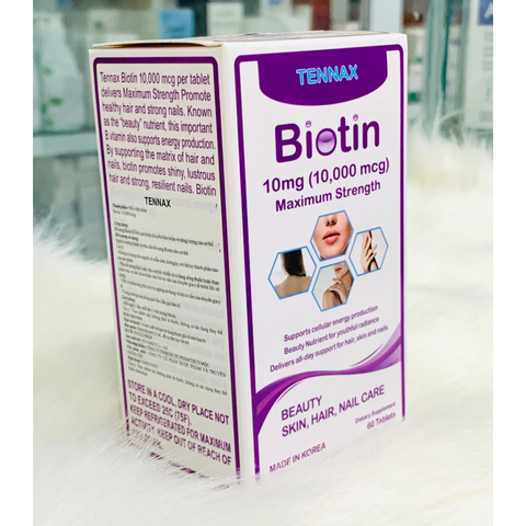 Viên uống Tennax Biotin 10mg - Bổ sung Biotin hỗ trợ mọc tóc, chắc khỏe móng, làm đẹp da - Hộp 60 viên chất lượng cao