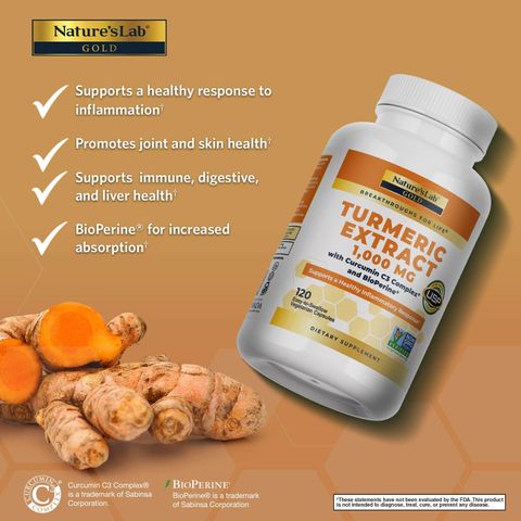 Viên uống tinh chất nghệ Nature's Lab Turmeric Curcumin C3 1000mg - Hỗ trợ tiêu hóa, kháng viêm, tăng sức đề kháng, chống oxy hóa, đẹp da.