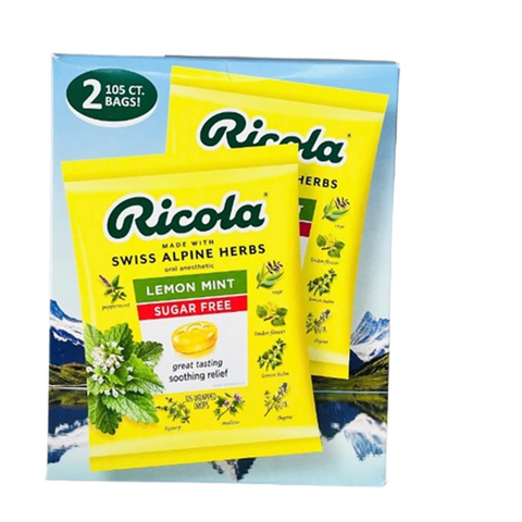 Hộp 2 gói kẹo ngậm thảo mộc Ricola không đường - Thoải mái họng tự nhiên, hỗ trợ giảm ho, hương chanh bạc hà dễ chịu