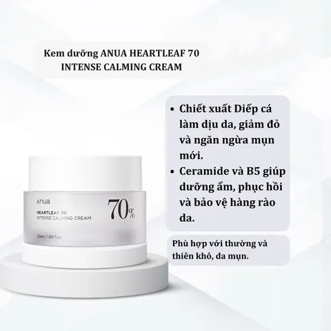 Kem Dưỡng Da Mụn Anua Heartleaf Intense Calming Cream 50ml - Hỗ Trợ Làm Dịu, Phục Hồi Da Mụn, Chống Viêm Hiệu Quả, Lành Tính