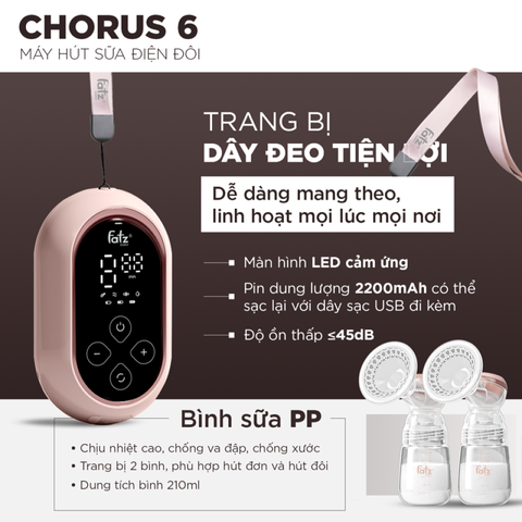 Máy Hút Sữa Điện Đôi Fatzbaby Chorus 6 FB1387VN - Tiện Lợi, Siêu Thoải Mái, 4 Chế Độ Hút, Dây Đeo Thoải Mái, Giảm Ồn Thấp
