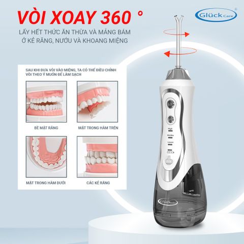 Máy tăm nước cầm tay GluckCare BPF-01 chống nước IPX7, áp suất 30-120 PSI, dễ sử dụng, chăm sóc răng miệng hiệu quả, tiện lợi cho người niềng răng