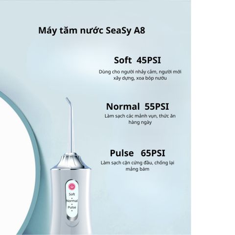 Máy tăm nước cầm tay SeaSy A8 Pro - 3 chế độ làm sạch và đầu tăm xoay 360 độ, giúp chăm sóc răng miệng hiệu quả, tiện lợi mang theo.