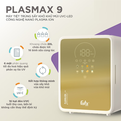 Máy Tiệt Trùng Sấy Khô UVC-LED Fatzbaby Plasmax 9 FB4821RS - Công Nghệ Khử Mùi Nhanh Chóng, Dung Tích 20L, 9 Chức Năng Tiện Ích