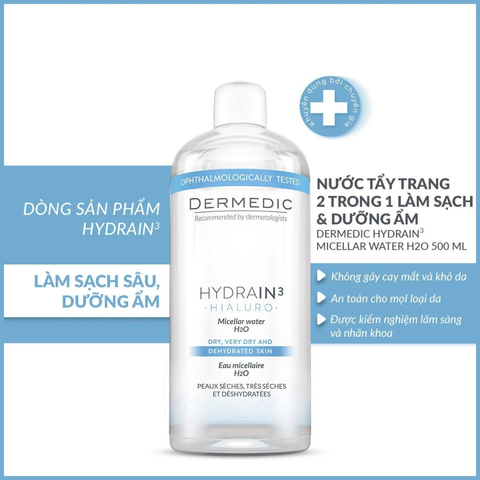 Nước Tẩy Trang Dermedic Hydrain3 H2O cho Da Khô - Làm Sạch Dịu Nhẹ và Cung Cấp Độ Ẩm, Chai 500ml