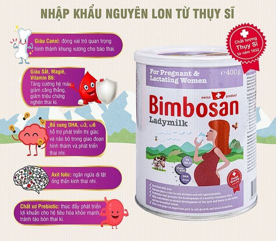 Sữa Bầu Bimbosan Ladymilk Thụy Sĩ - Dinh Dưỡng Cao Cấp Hỗ Trợ Sức Khỏe Phụ Nữ Mang Thai & Cho Con Bú, Hộp 800g