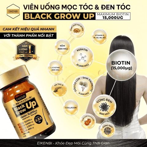 Viên uống hỗ trợ mọc tóc Black Grow Up Maximum Biotin 15,000µg - Bổ sung Biotin và Keratin cho tóc chắc khỏe, chống rụng hiệu quả