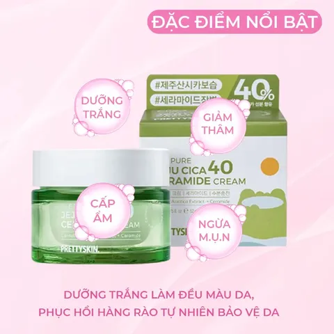 Kem Dưỡng Ẩm Rau Má Pretty Skin The Pure Jeju Cica 40 Ceramide Cream - Dưỡng Da Nhạy Cảm, Phục Hồi Da Sau Mụn, Chiết Xuất Từ Jeju