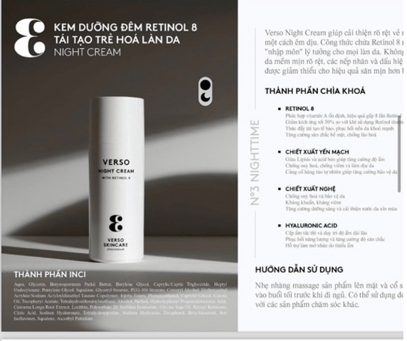Kem Retinol Verso Night Cream 50ml - Hỗ trợ tái tạo, trẻ hóa da ban đêm, cấp ẩm và làm sáng da, giảm nếp nhăn hiệu quả.