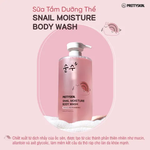 Sữa Tắm Cấp Ẩm Prettyskin Snail Moisture Body Wash 1000ml - Hỗ Trợ Trẻ Hóa Da, Dưỡng Ẩm Tự Nhiên, Phù Hợp Với Mọi Loại Da