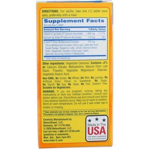 Viên uống Vitamin Ester C 1000mg Naturesmart của Mỹ - Bổ sung Vitamin C Hỗ trợ Da và Tăng Cường Sức Đề Kháng
