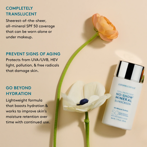 Kem Chống Nắng Vật Lý Colorescience No-Show™ Mineral Sunscreen SPF 50 - Bảo Vệ Da Khỏi Tia UVA/UVB và Ánh Sáng Xanh, Không Gây Bí Rích