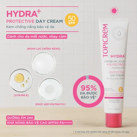Kem chống nắng Topicrem Hydra+ Protective Day Cream SPF50+ - Dưỡng ẩm, Bảo vệ da khỏi UV, Phù hợp da khô và nhạy cảm, 40ml