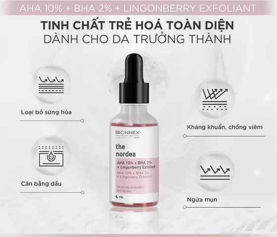 Tinh Chất Trẻ Hóa Da Bionnex The Nordea AHA 10% + BHA 2% + Chiết Xuất Lingonberry - Serum Exfoliant Giúp Da Sáng Mịn, Cải Thiện Kết Cấu Da
