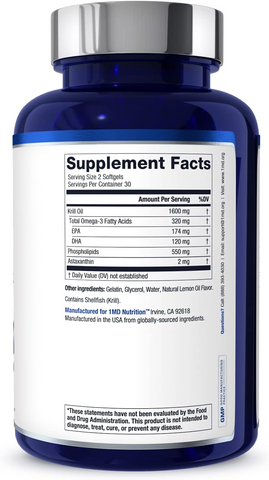 Viên uống dầu nhuyễn thể 1MD Nutrition KrillMD Omega-3 1600mg - Duy trì sức khỏe tim mạch, cải thiện trí nhớ và sức khỏe da