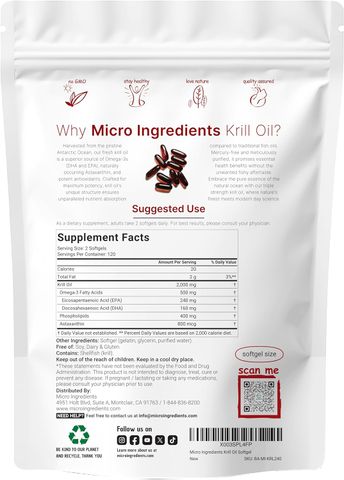 Viên uống Dầu Nhuyễn Thể Micro Ingredients Antarctic Krill Oil 2000mg - Tốt cho Tim Mạch và Làm Đẹp Da, Chứa Omega 3 Tự Nhiên