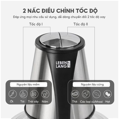Máy Xay Thịt Đa Năng Lebenlang LBL1930 1.2L - Công Suất 400W, Lưỡi Inox 4 Cánh, Xay Được Thịt, Cá, Rau Củ, Thủy Tinh Chịu Nhiệt