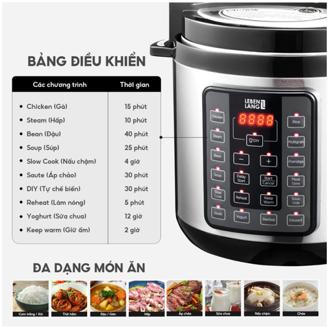 Nồi Áp Suất Điện Tử Đa Năng Lebenlang LBEE0908 - 1000W, Dung Tích 6L, Chế Độ Nấu Tự Động Tiết Kiệm Thời Gian, Công Nghệ Đức