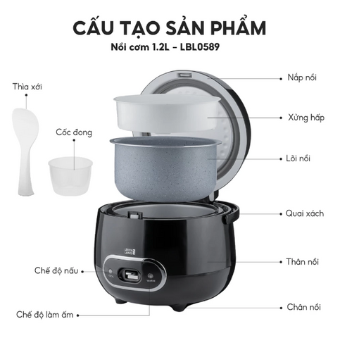 Nồi cơm điện Lebenlang LBL0589 - Dung tích 1.2L, Công suất 500W, Lòng nồi chống dính, Thiết kế hiện đại cho 2-3 người sử dụng